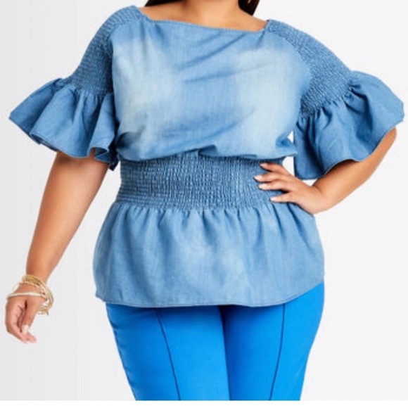 Ashley Stewart Tops - Ashley Stewart Smocked Peplum Stonewash Jean Blouse Flare Sleeve Fairy SZ 18/20